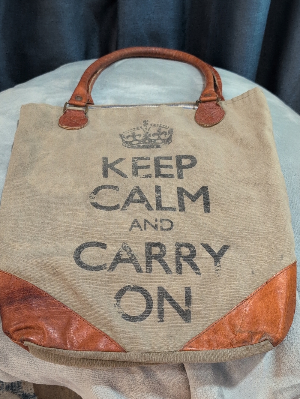 Boho Upcycled Canvas & Leather Keep Calm Tote Bag